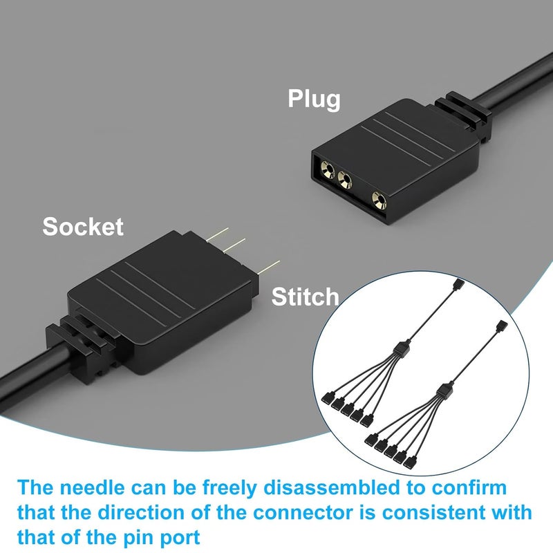 TNJPSEK 3Pin ARGB Spliter Cables with Male Pins, Female to Female Addressable RGB Spliter Extension Cable, 3-Pin RGB Splitter for 5V Computer Chassis PC Fans CPU Coolers Heat Sink (1-to-5 Black) - Image 3